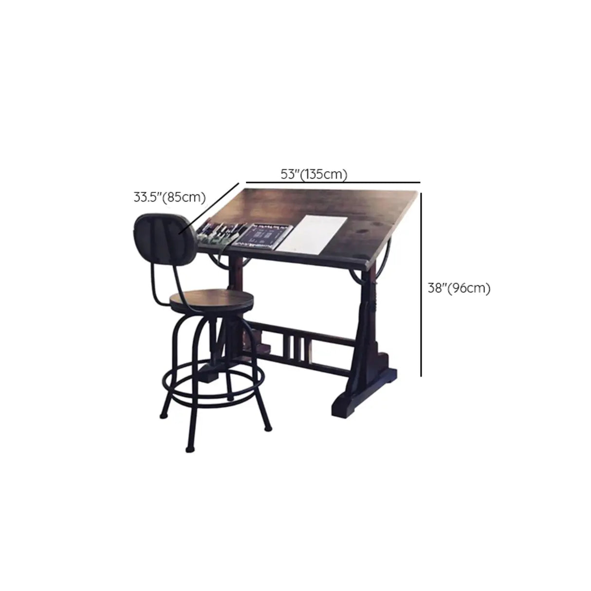 Brown Adjustable Wooden Drafting Table with Storage 