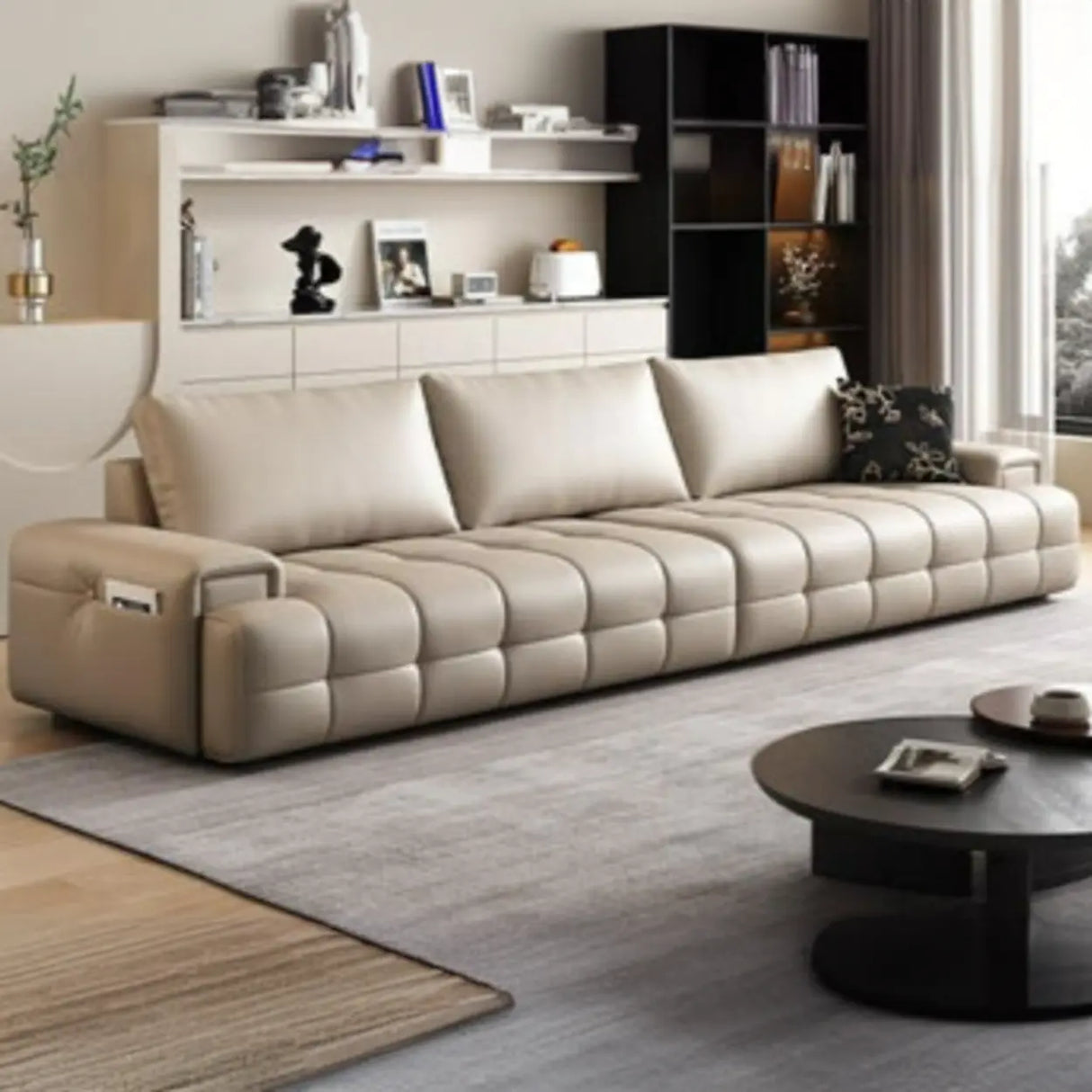 Brown Anti Cat Scratch Leather Storage Extra Long Sofa Image - 14