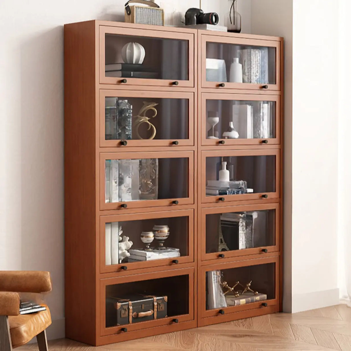 Brown Antique Glass Door Rubberwood Barrister Bookcase Image - 3