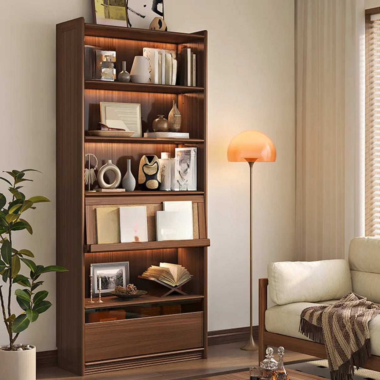 Brown Antique Vertical Solid Wood Display Bookcase Image - 10