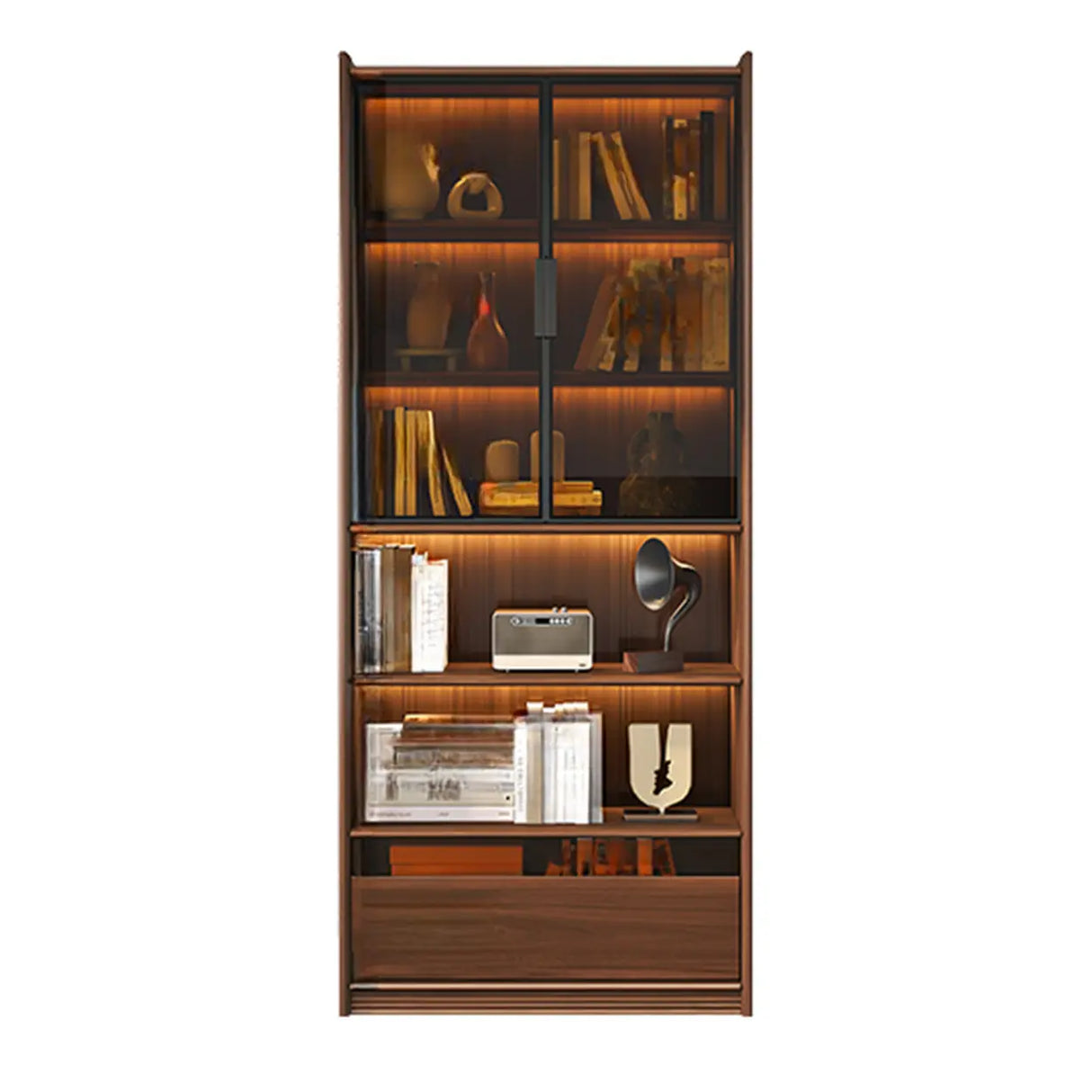 Brown Antique Vertical Solid Wood Display Bookcase Image - 7