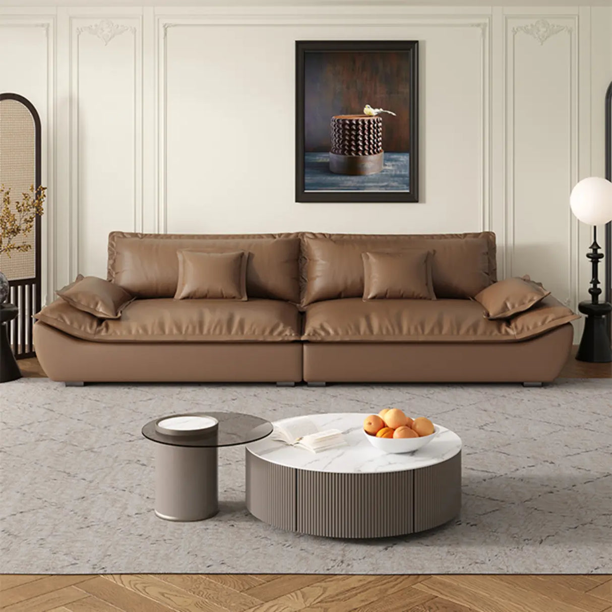 Brown Cow Leather Flared Arm Pillow Back Foam Fill Sofa Image - 2