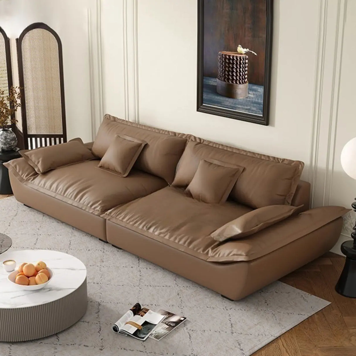 Brown Cow Leather Flared Arm Pillow Back Foam Fill Sofa Image - 3