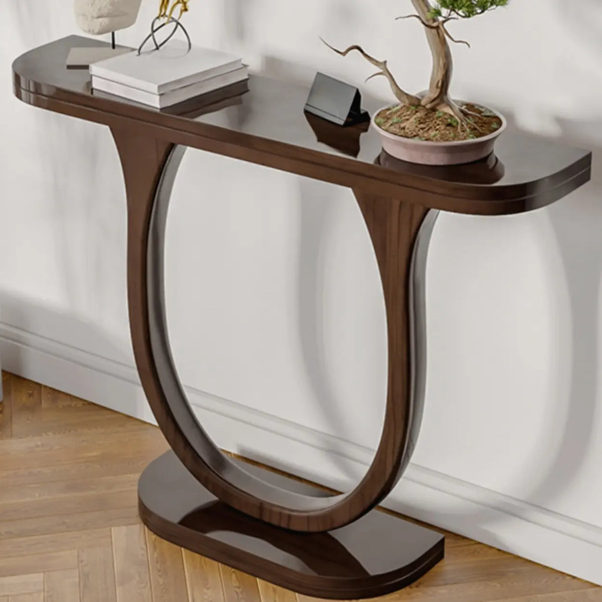 Brown Creative U-Shaped Walnut Entryway Console Table Image - 3