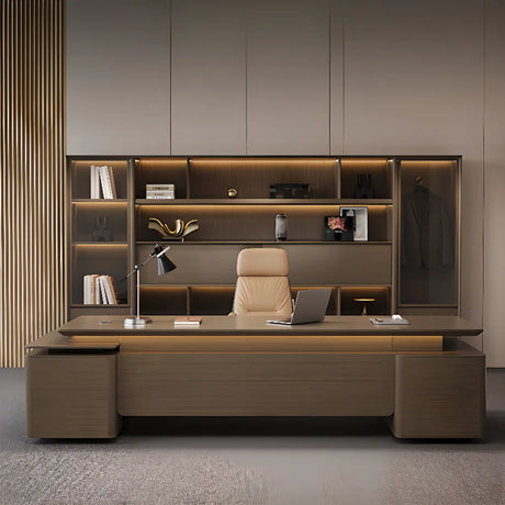 Brown Deep L-Shaped Walnut Computer Desk with Storage Image - 1