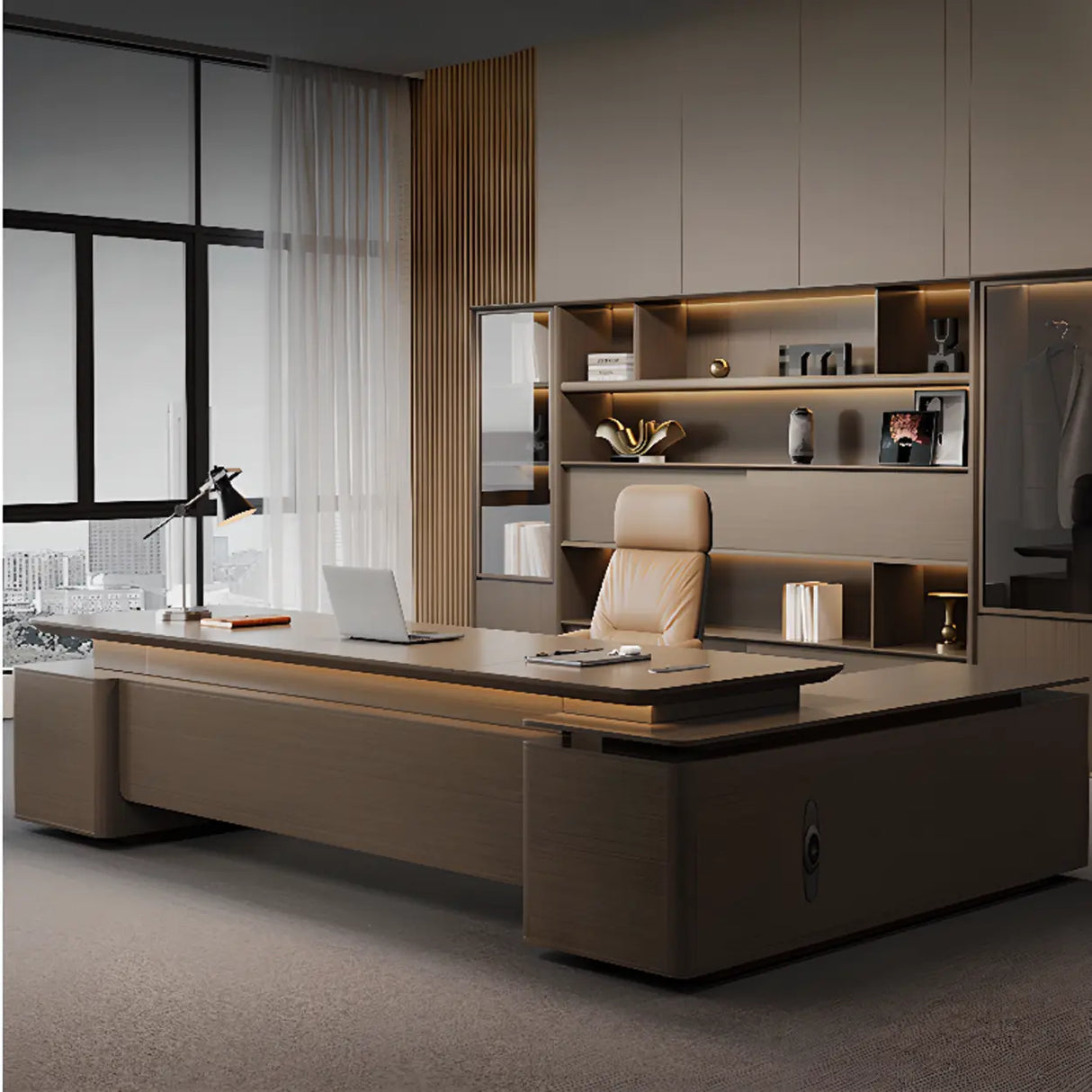Brown Deep L-Shaped Walnut Computer Desk with Storage Image - 4