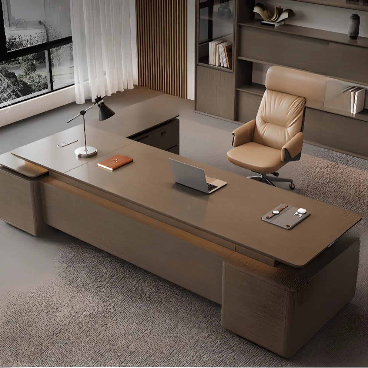 Brown Deep L-Shaped Walnut Computer Desk with Storage Image - 7