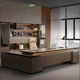 Brown Deep L-Shaped Walnut Computer Desk with Storage Image - 9