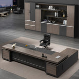 Brown Deep L-Shaped Wood Desk with Cabinets and Drawers Image - 2