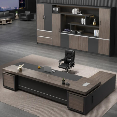 Brown Deep L-Shaped Wood Desk with Cabinets and Drawers Image - 2
