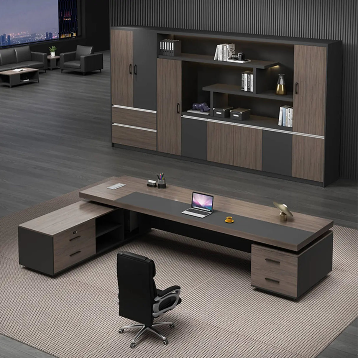 Brown Deep L-Shaped Wood Desk with Cabinets and Drawers Image - 3