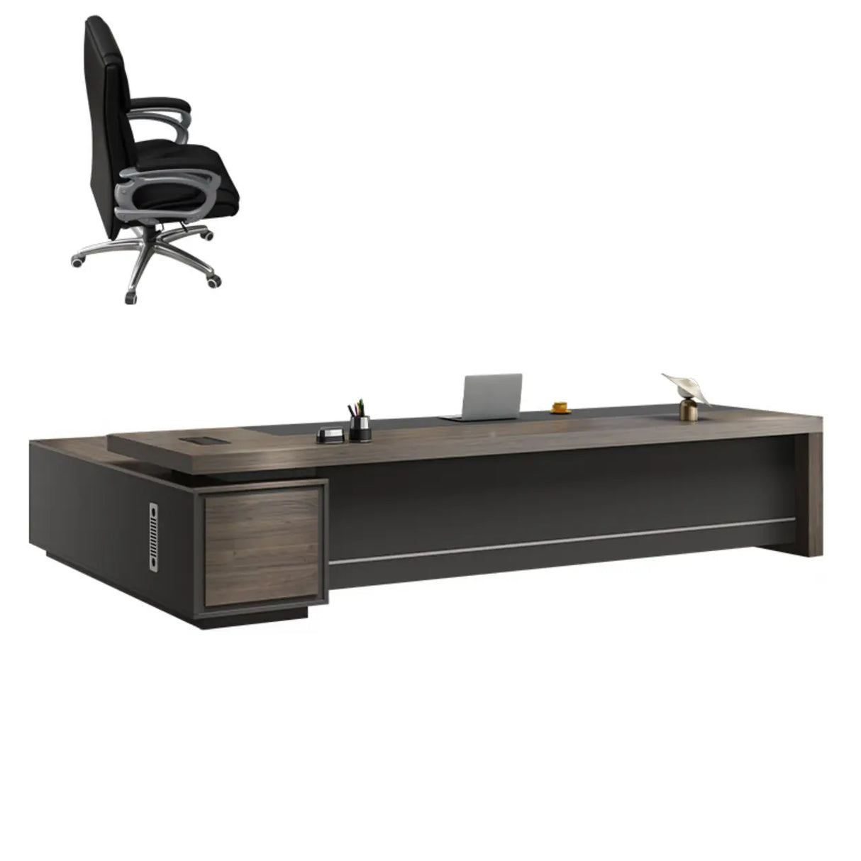 Brown Deep L-Shaped Wood Desk with Cabinets and Drawers Image - 5