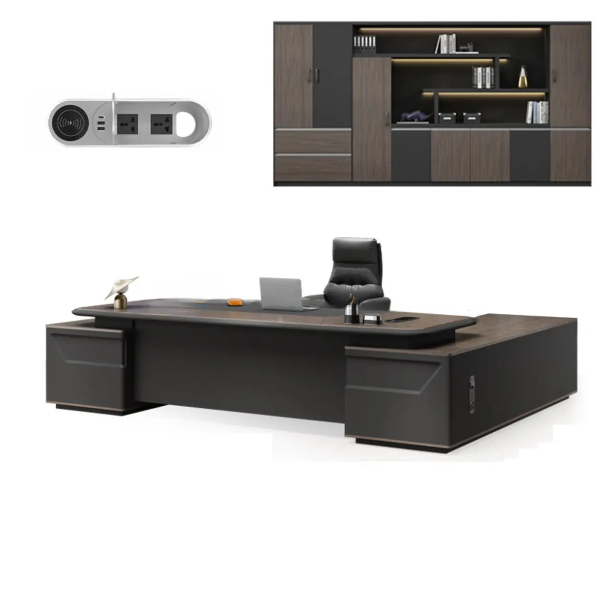 Brown Deep L-Shaped Wood Desk with Cabinets and Drawers Image - 6