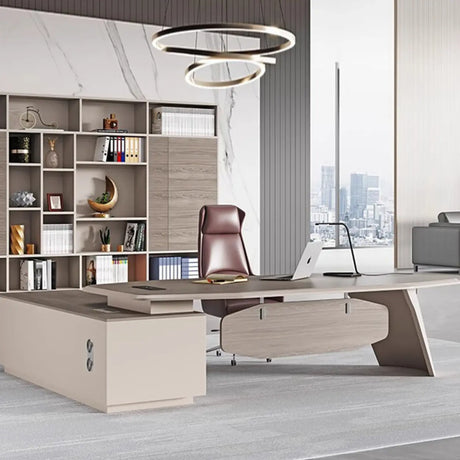 Brown Deep L-Shaped Wood Desk with Shelves and Storage Image - 1