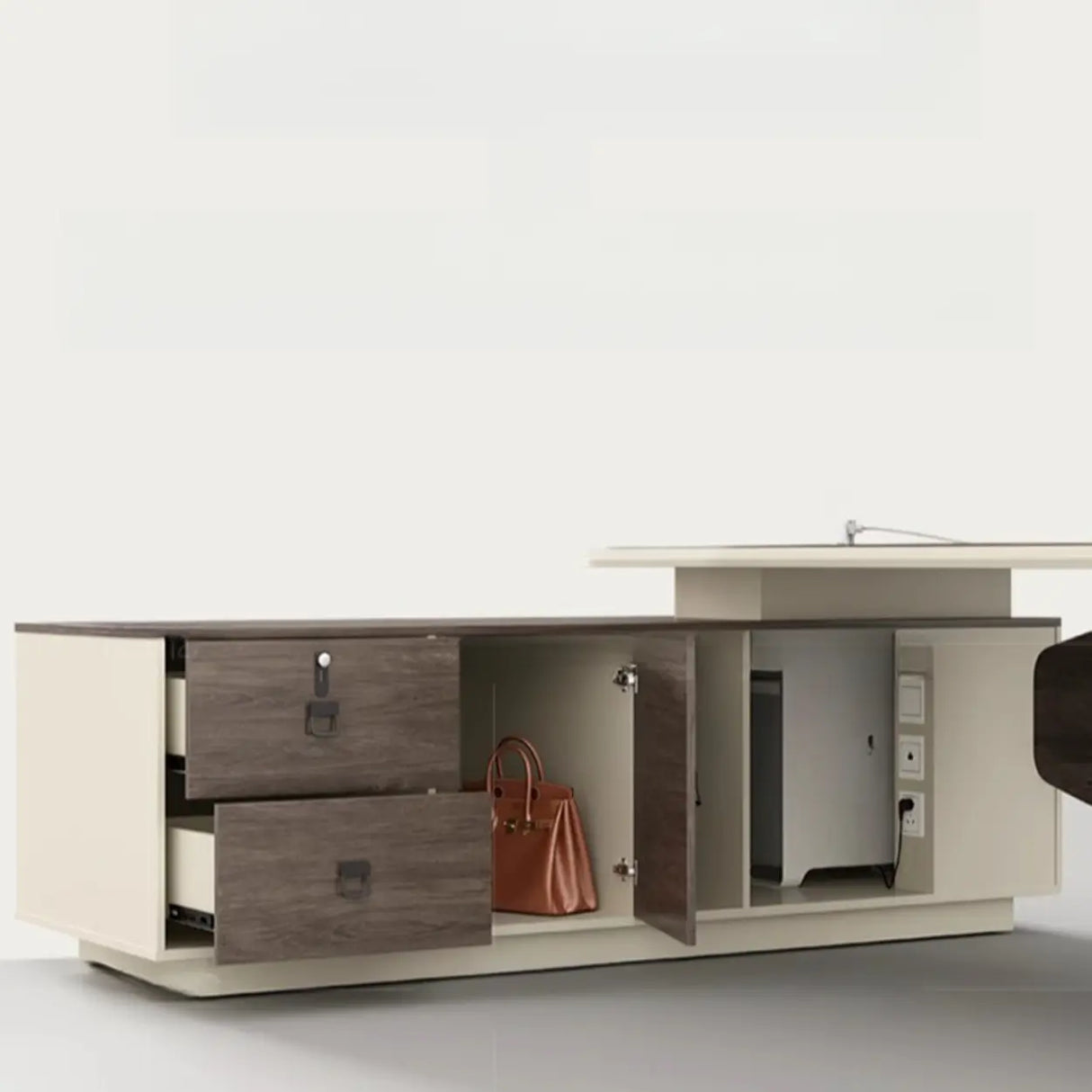 Brown Deep L-Shaped Wood Desk with Shelves and Storage Image - 11