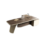 Brown Deep L-Shaped Wood Desk with Shelves and Storage Image - 14