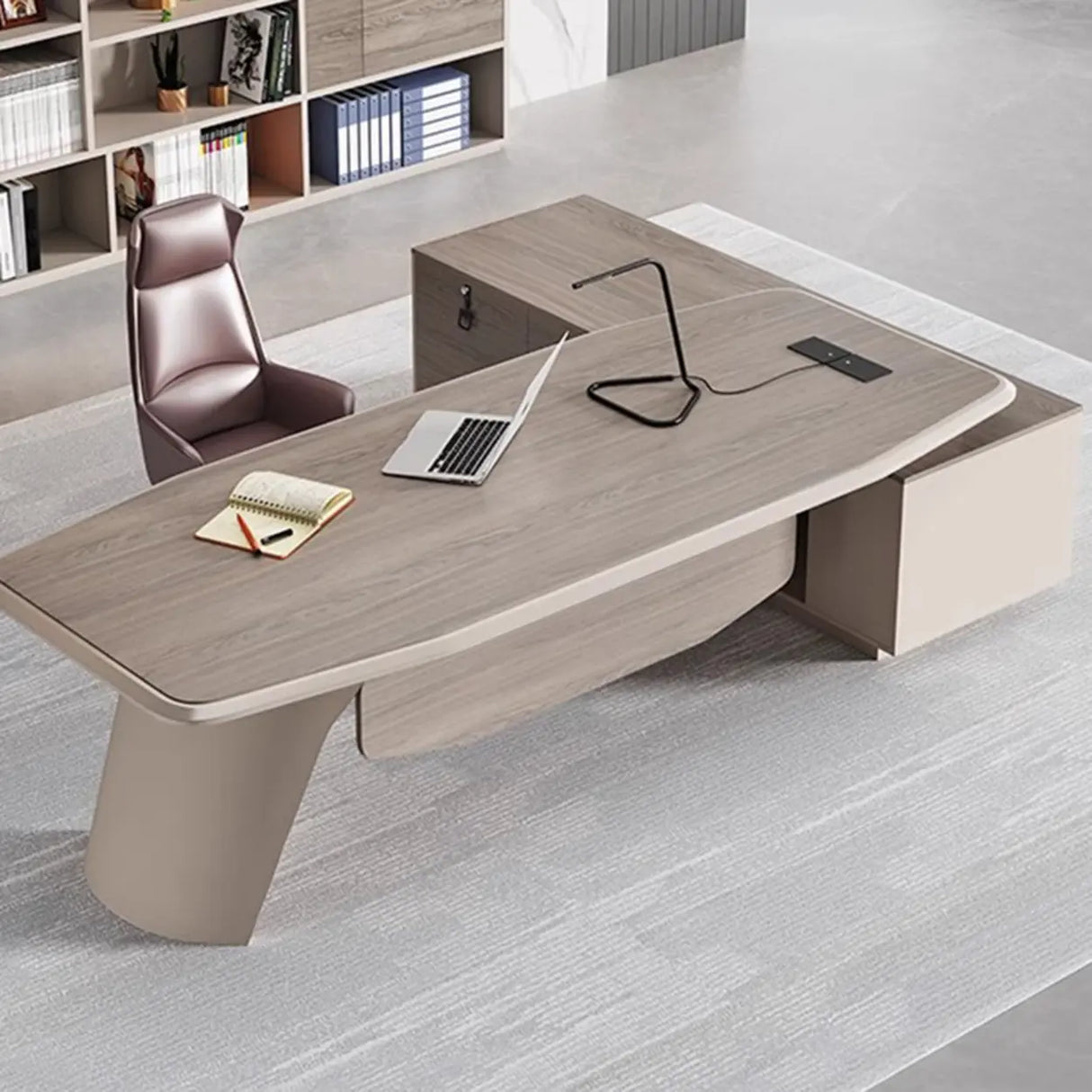 Brown Deep L-Shaped Wood Desk with Shelves and Storage Image - 4