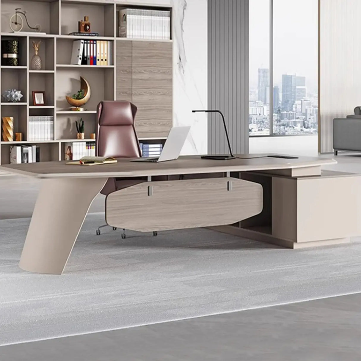 Brown Deep L-Shaped Wood Desk with Shelves and Storage Image - 6