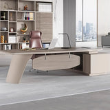Brown Deep L-Shaped Wood Desk with Shelves and Storage Image - 6
