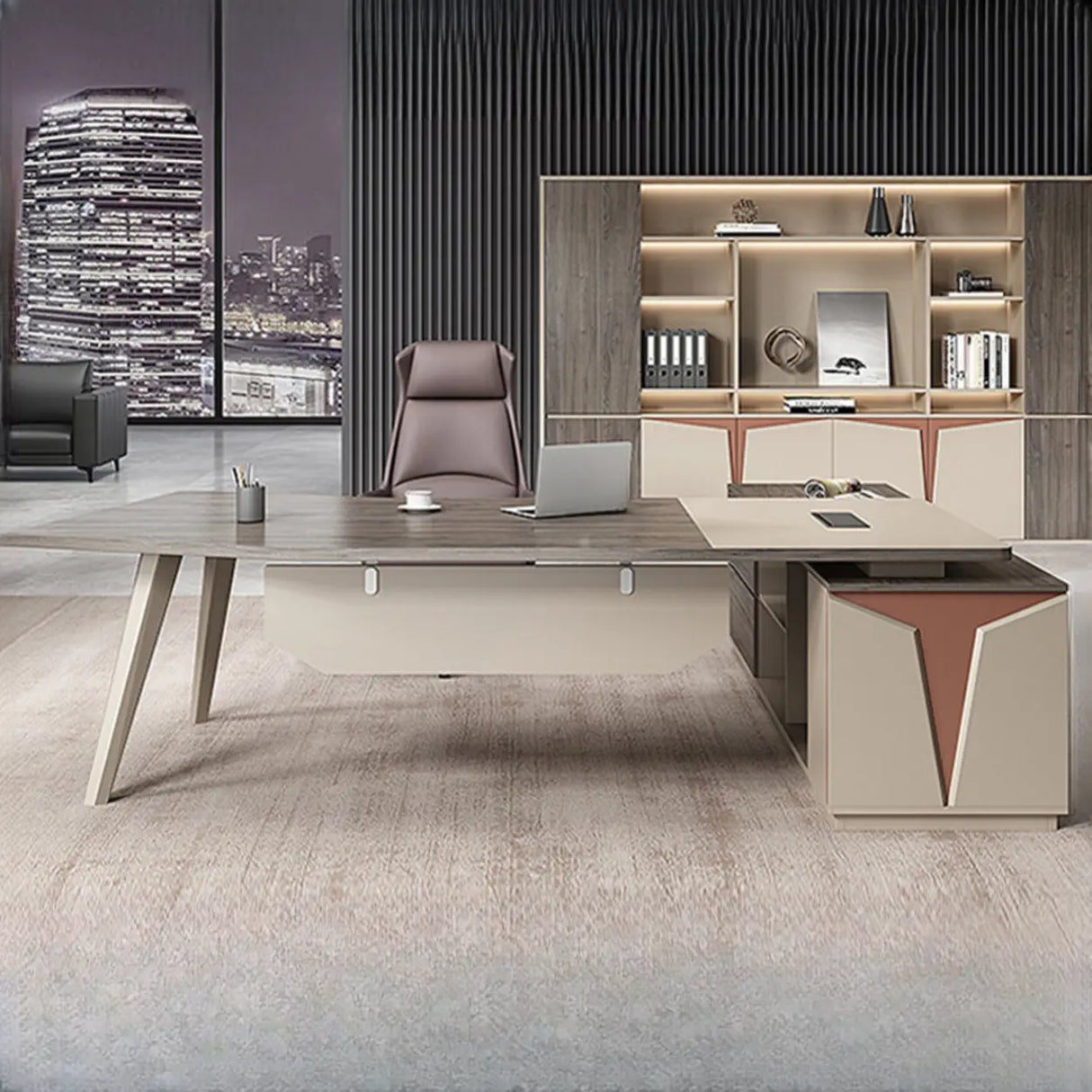 Brown Deep L-Shaped Wood Desk with Storage and Cabinets Image - 1