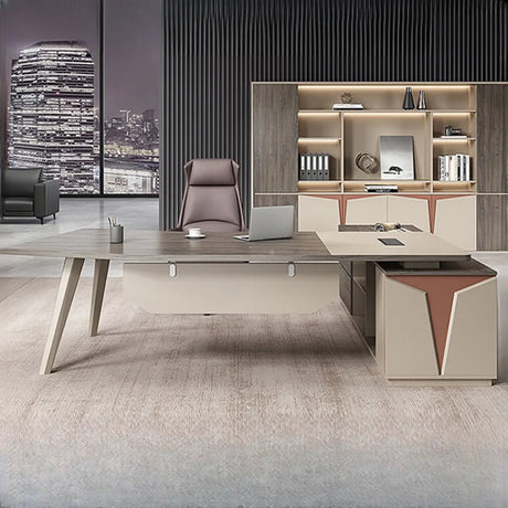 Brown Deep L-Shaped Wood Desk with Storage and Cabinets Image - 1