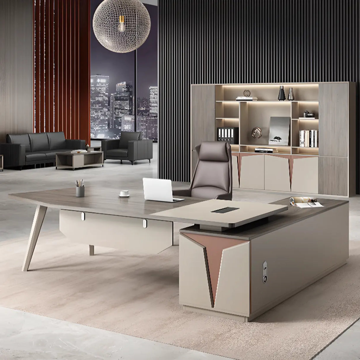 Brown Deep L-Shaped Wood Desk with Storage and Cabinets Image - 10