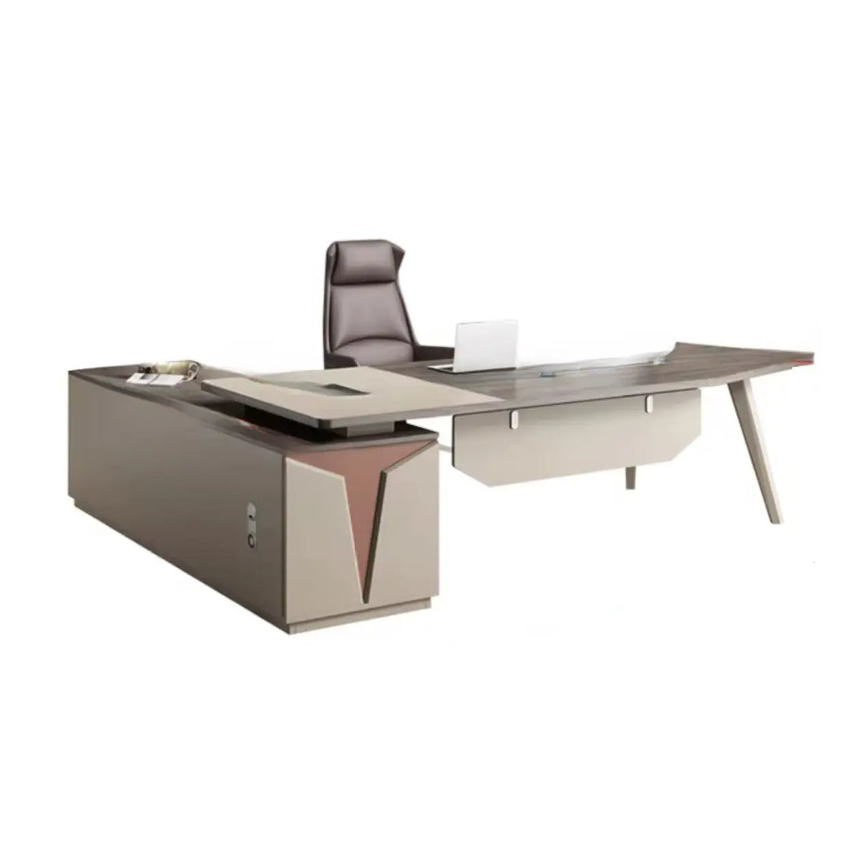 Brown Deep L-Shaped Wood Desk with Storage and Cabinets Image - 11