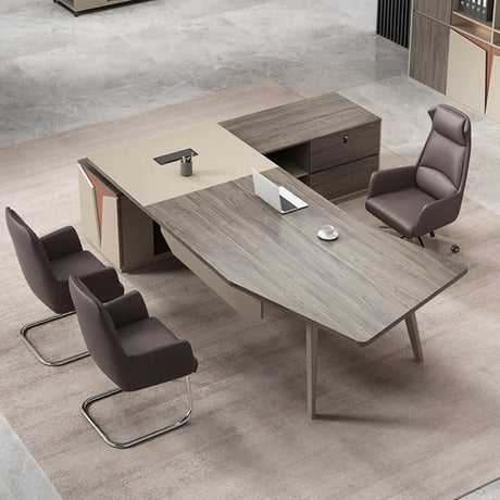 Brown Deep L-Shaped Wood Desk with Storage and Cabinets Image - 2