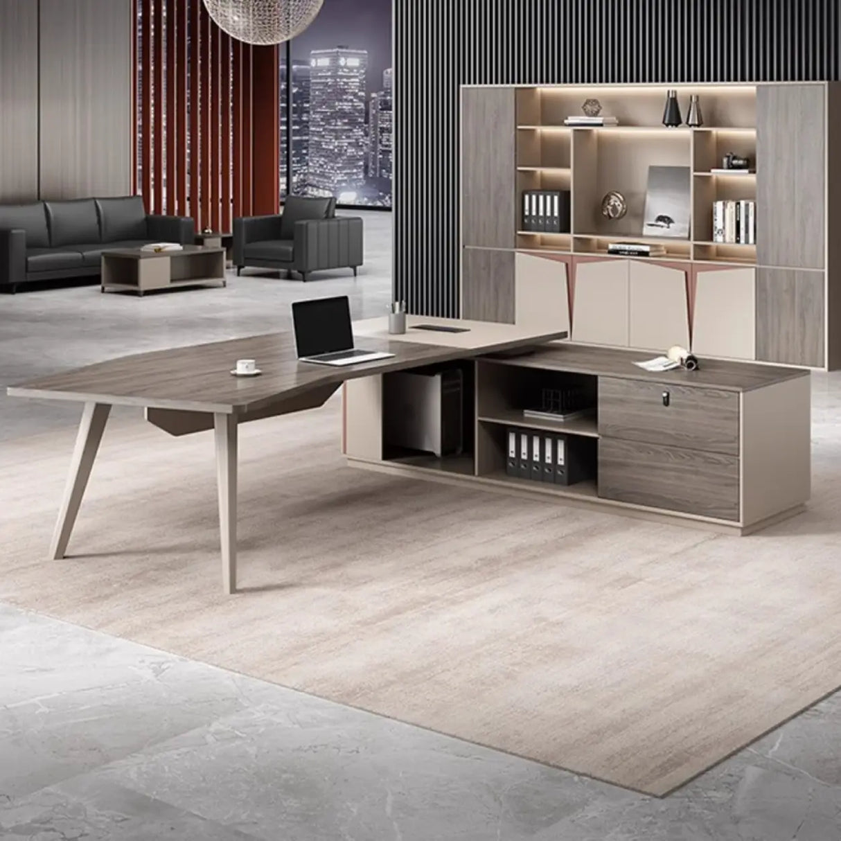 Brown Deep L-Shaped Wood Desk with Storage and Cabinets Image - 4