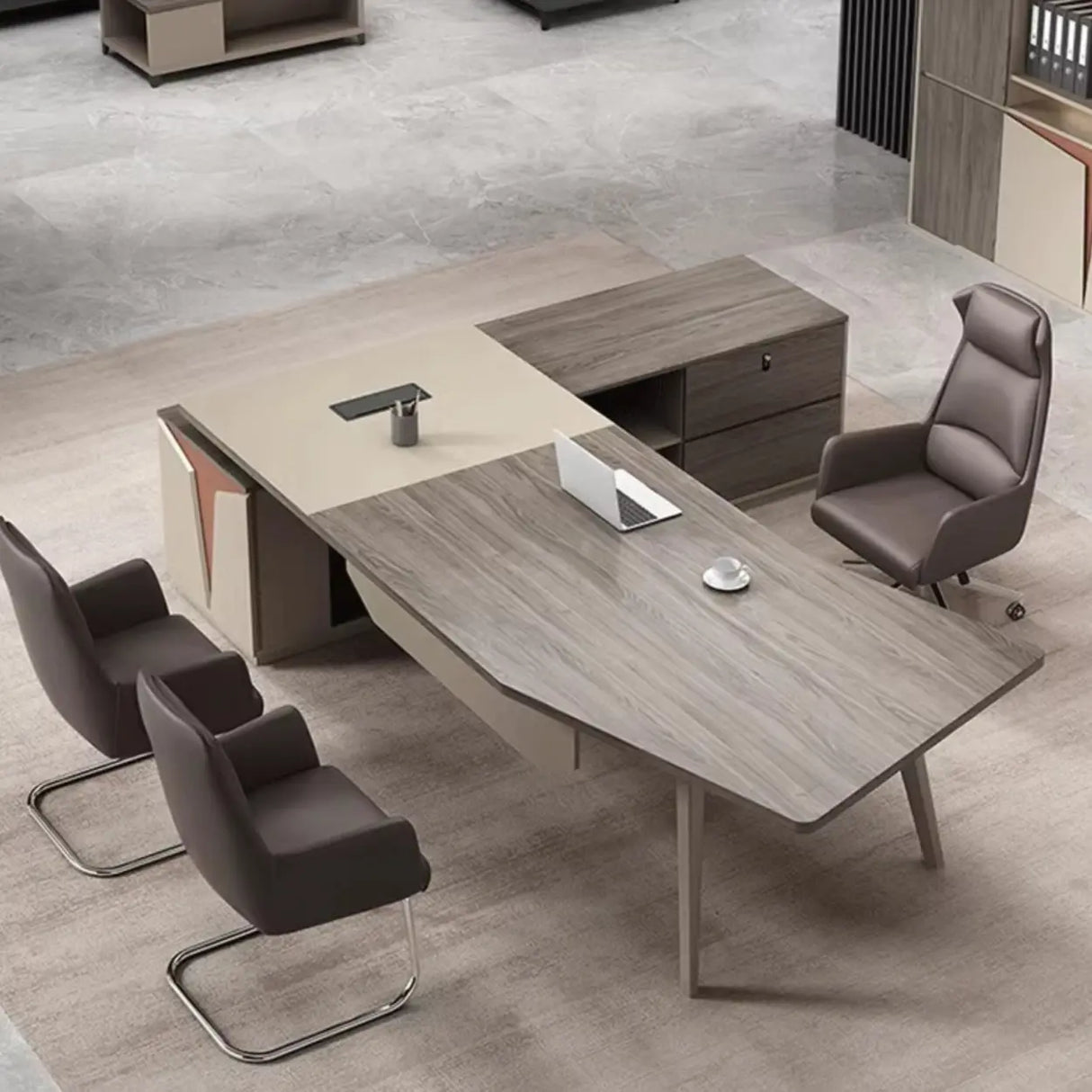 Brown Deep L-Shaped Wood Desk with Storage and Cabinets Image - 7