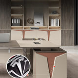 Brown Deep L-Shaped Wood Desk with Storage and Cabinets Image - 9