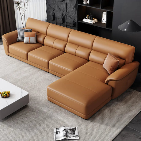 Brown Faux Leather Biscuit Back L-Shape Sectional Image - 1