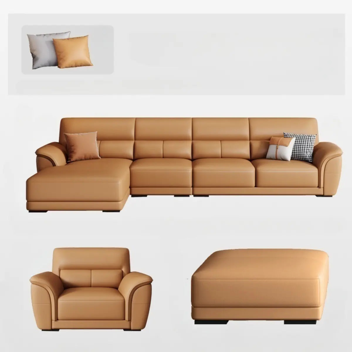 Brown Faux Leather Biscuit Back L-Shape Sectional Image - 20