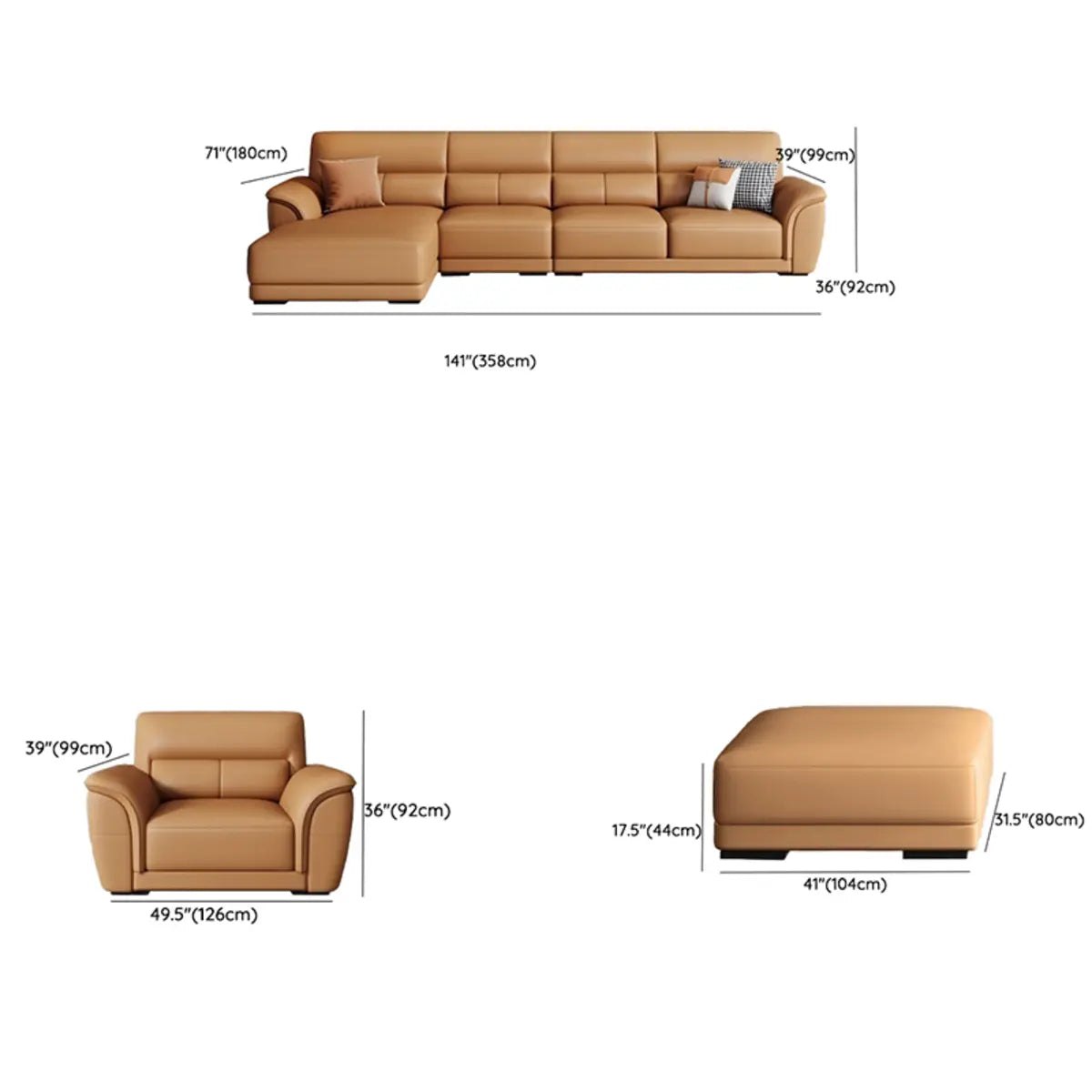 Brown Faux Leather Biscuit Back L-Shape Sectional Image - 32