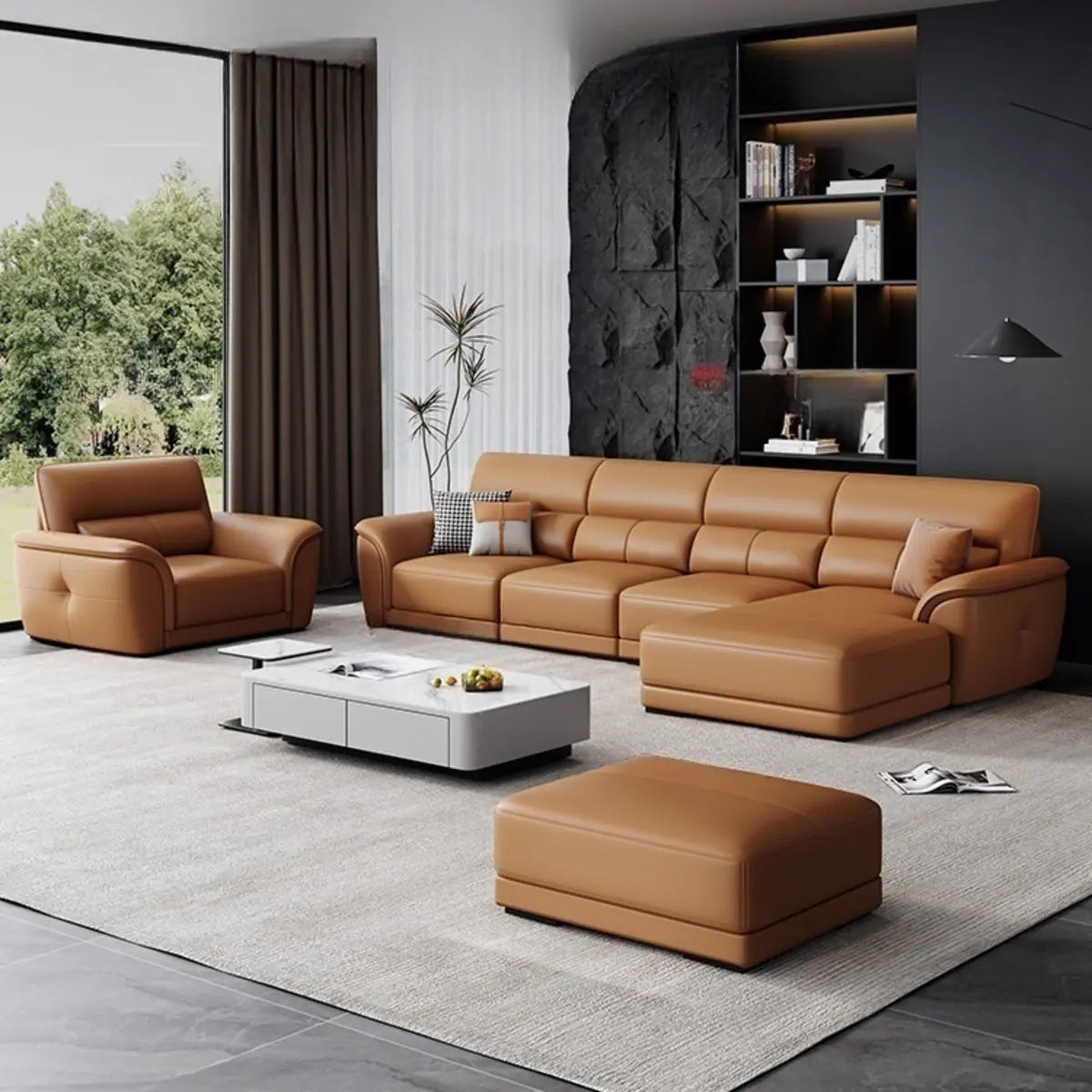 Brown Faux Leather Biscuit Back L-Shape Sectional Image - 4