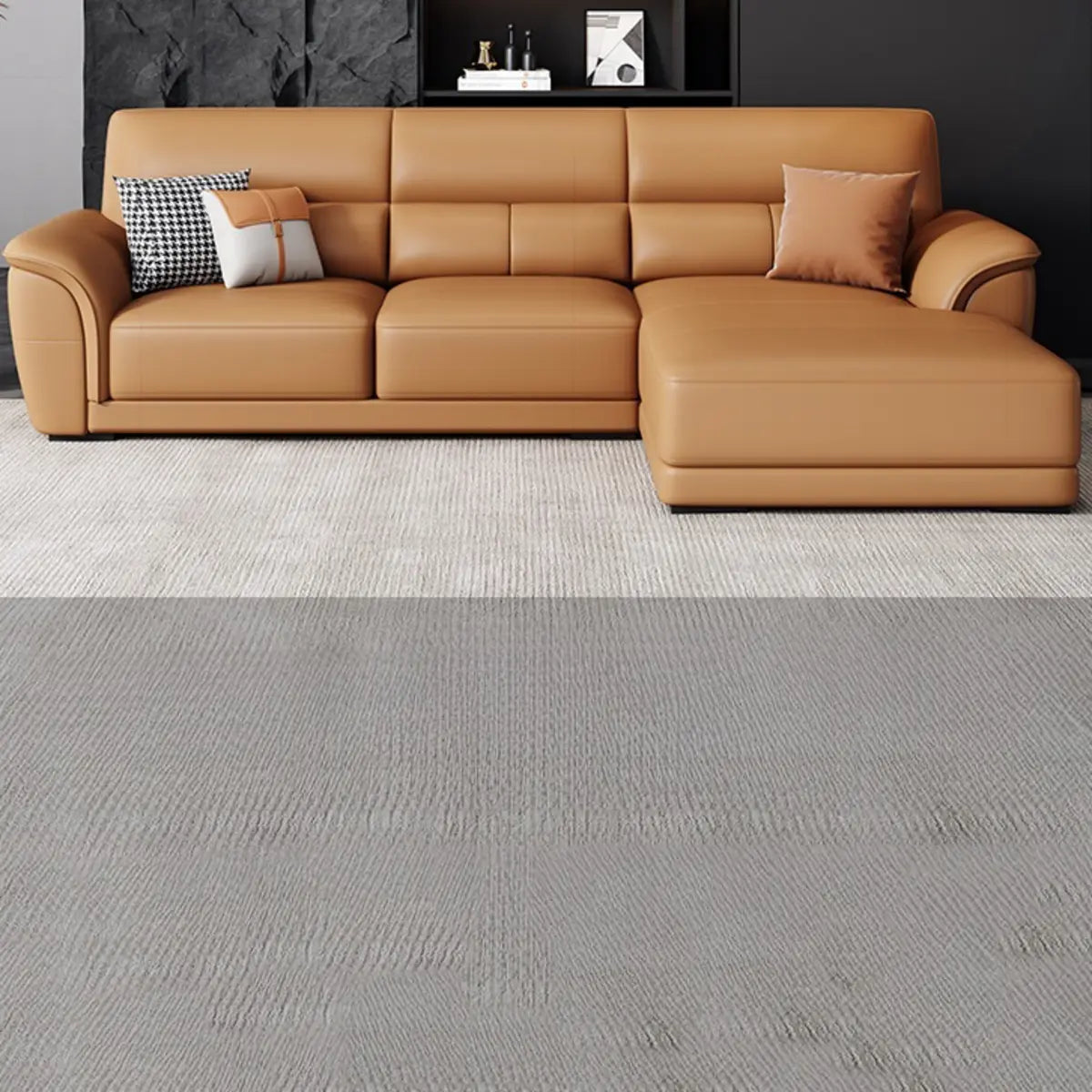 Brown Faux Leather Biscuit Back L-Shape Sectional Image - 5