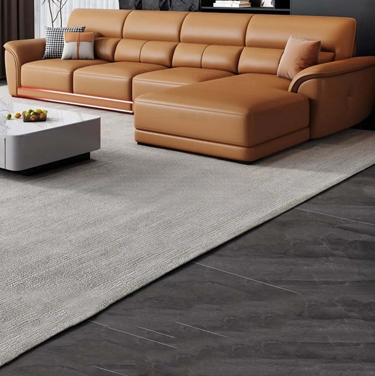 Brown Faux Leather Biscuit Back L-Shape Sectional Image - 8