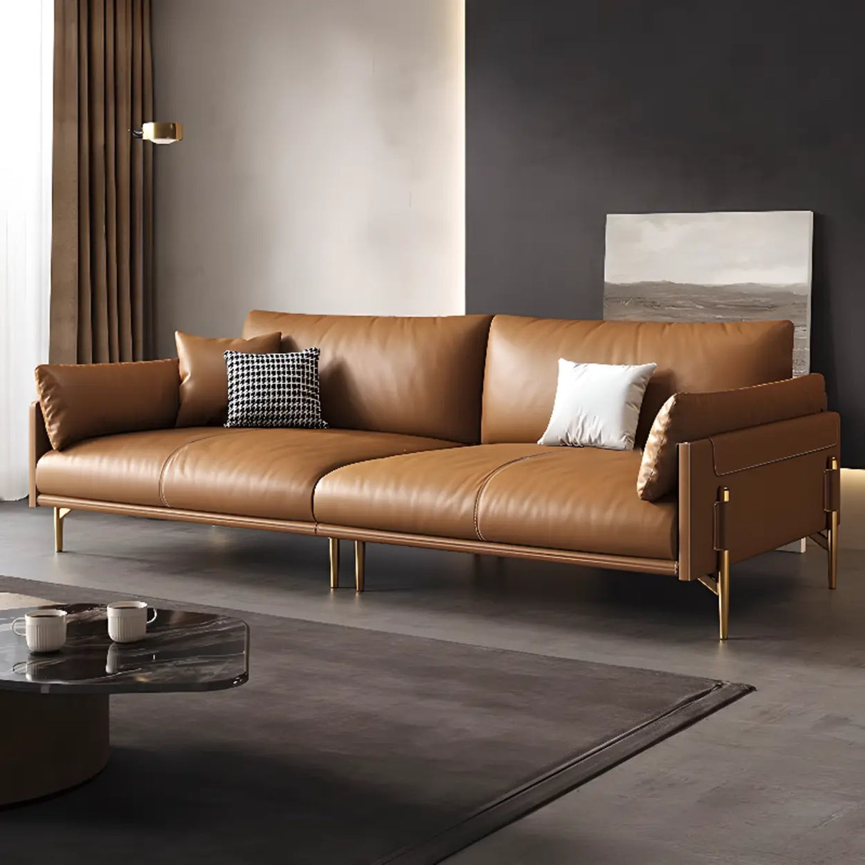 Brown Faux Leather Wooden Fame Sofa with Gliders Image - 2
