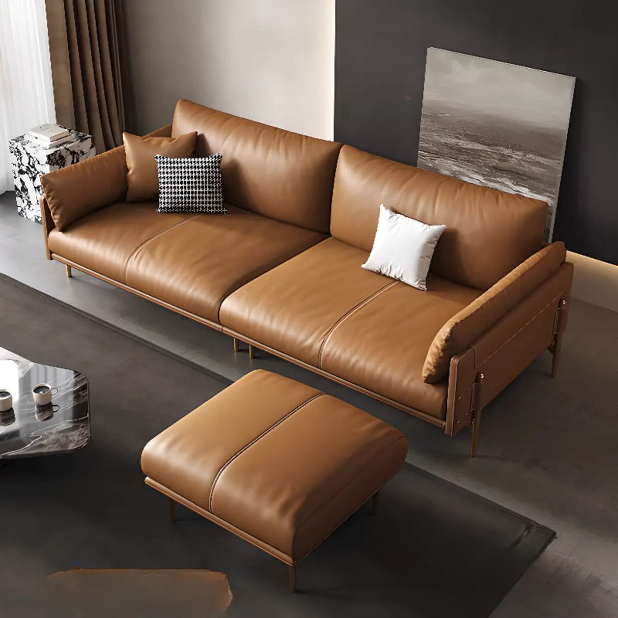 Brown Faux Leather Wooden Fame Sofa with Gliders Image - 3
