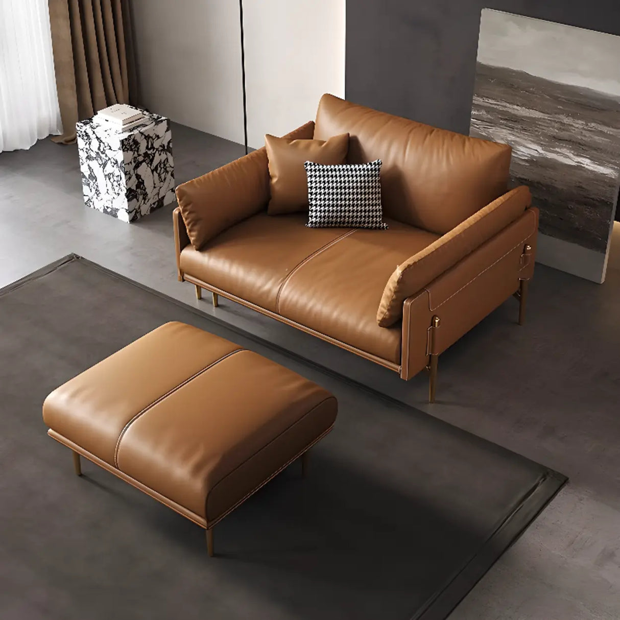 Brown Faux Leather Wooden Fame Sofa with Gliders Image - 4