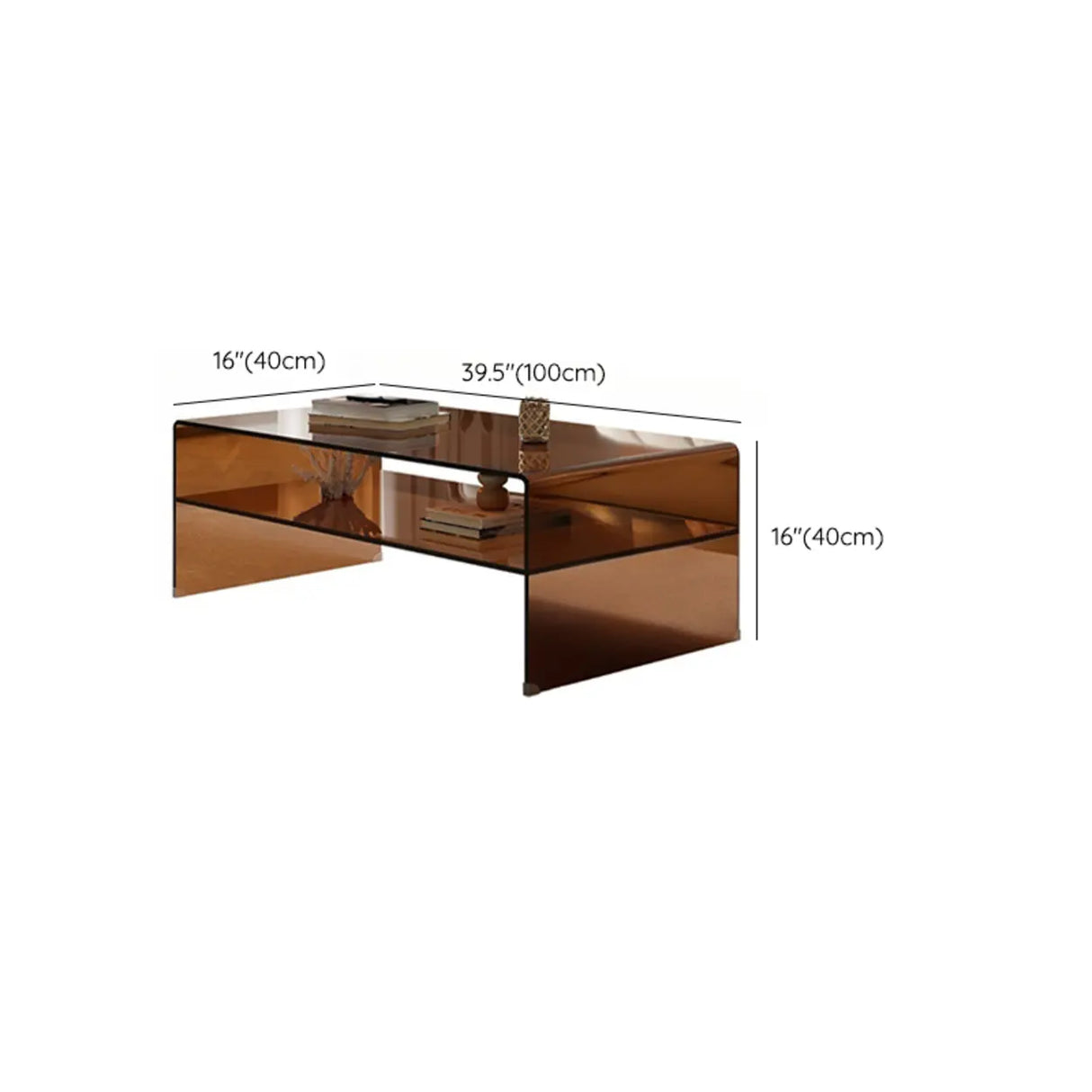 Brown Glass Rectangular Sled Coffee Table with Shelf Image - 12