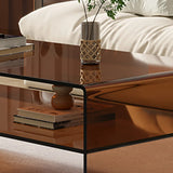Brown Glass Rectangular Sled Coffee Table with Shelf Image - 9