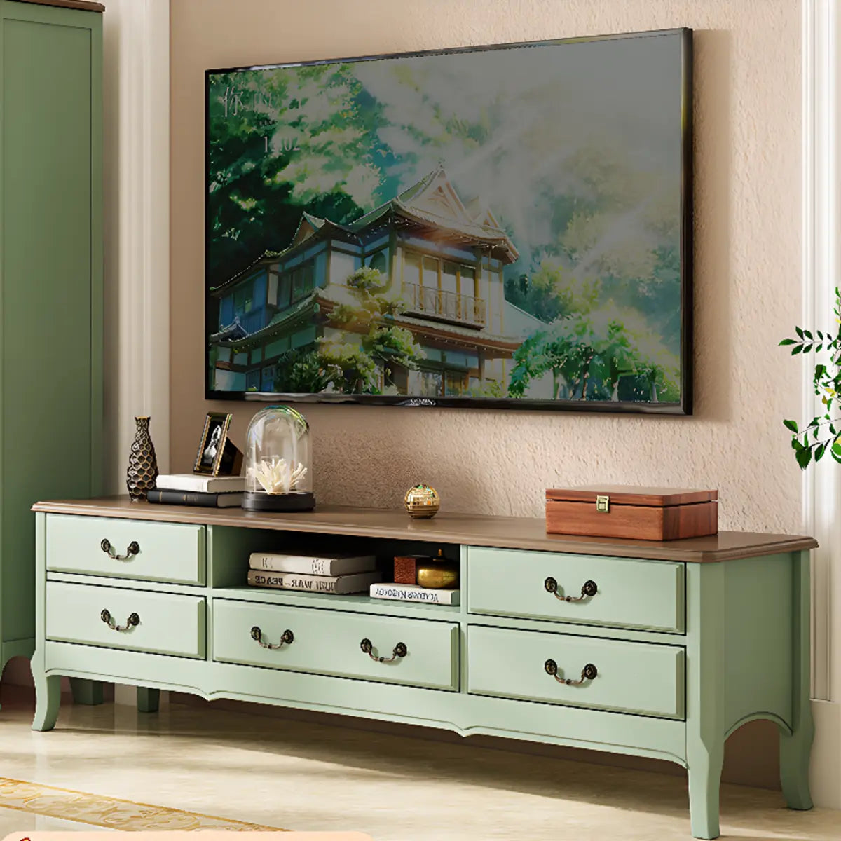 Brown-Green Wood Open Storage Drawers Long TV Stand Image - 1