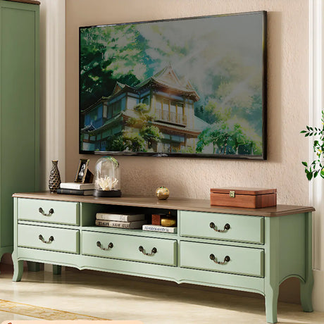 Brown-Green Wood Open Storage Drawers Long TV Stand Image - 1