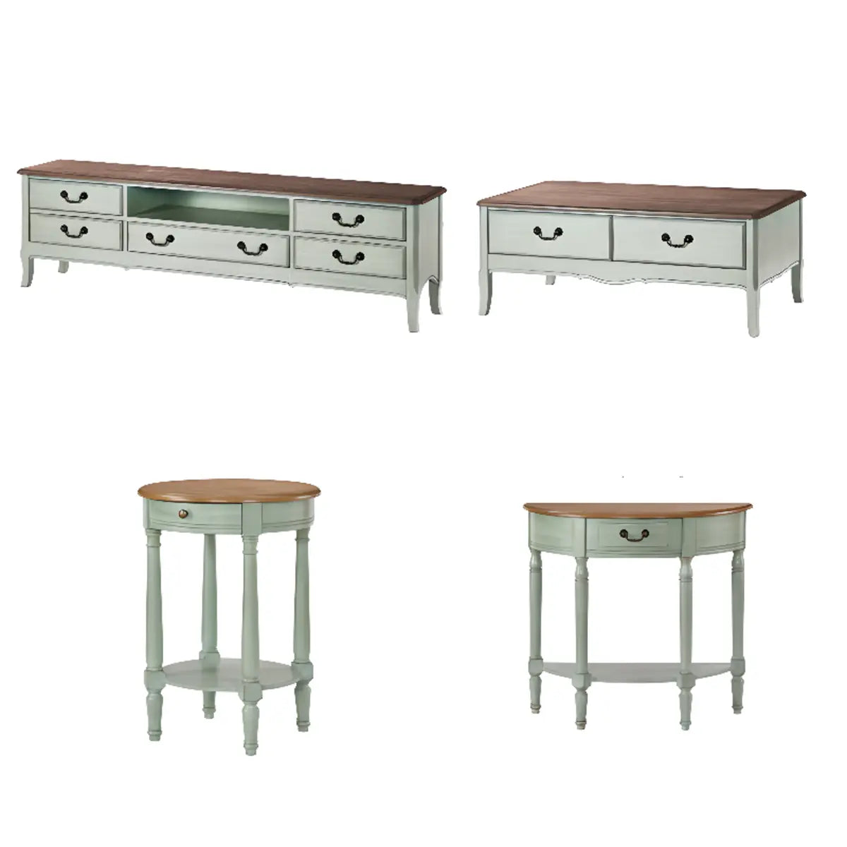 Brown-Green Wood Open Storage Drawers Long TV Stand Image - 6