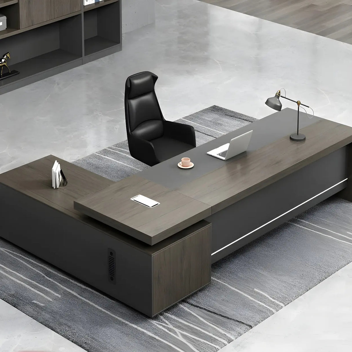 Brown Grey Wood L-Shape Executive Desk with Cabinet Image - 1