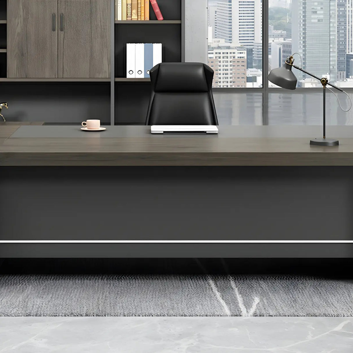 Brown Grey Wood L-Shape Executive Desk with Cabinet Image - 10