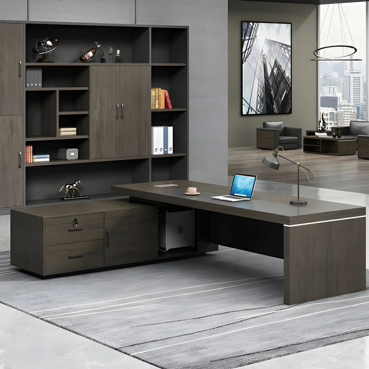 Brown Grey Wood L-Shape Executive Desk with Cabinet Image - 11