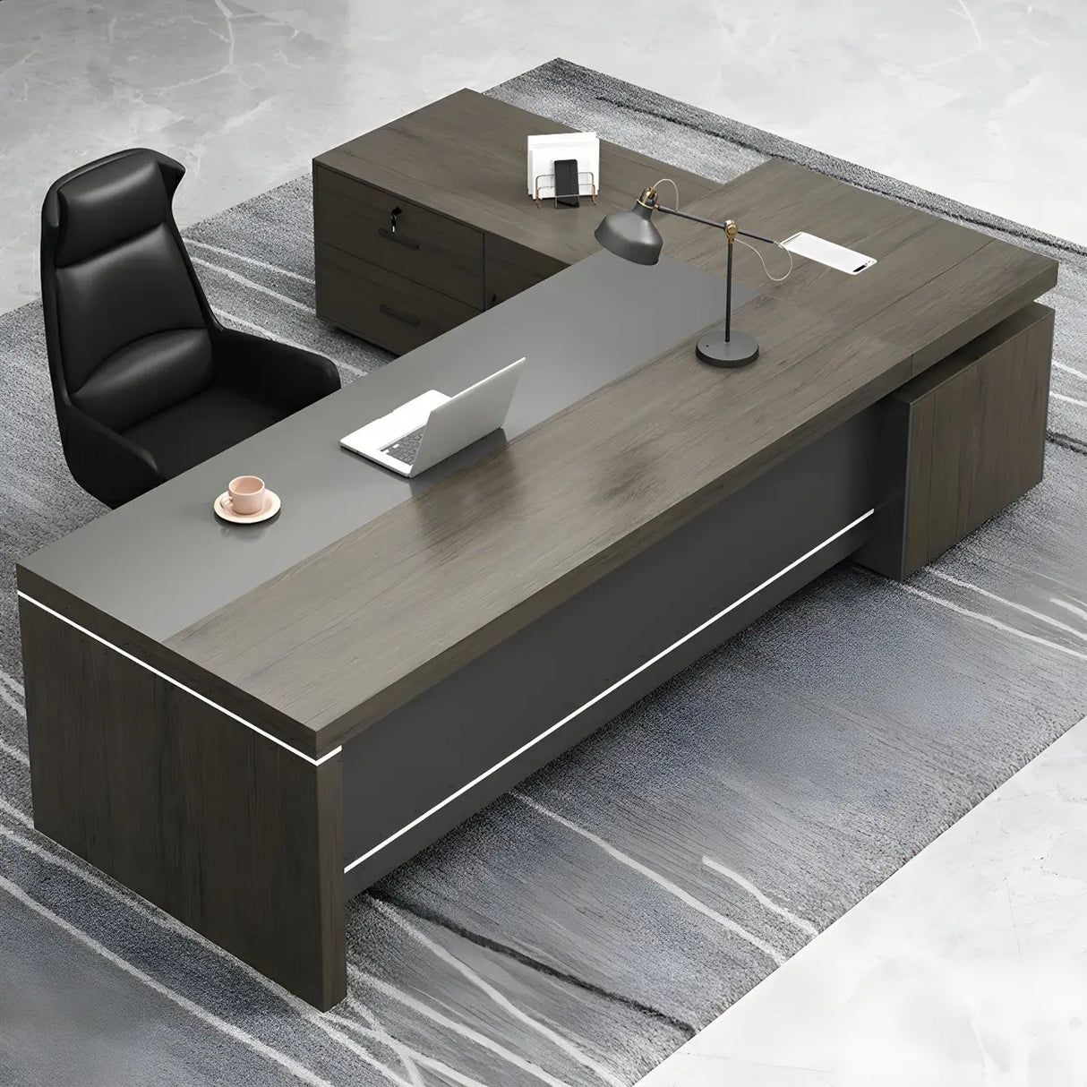 Brown Grey Wood L-Shape Executive Desk with Cabinet Image - 12
