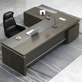 Brown Grey Wood L-Shape Executive Desk with Cabinet Image - 12